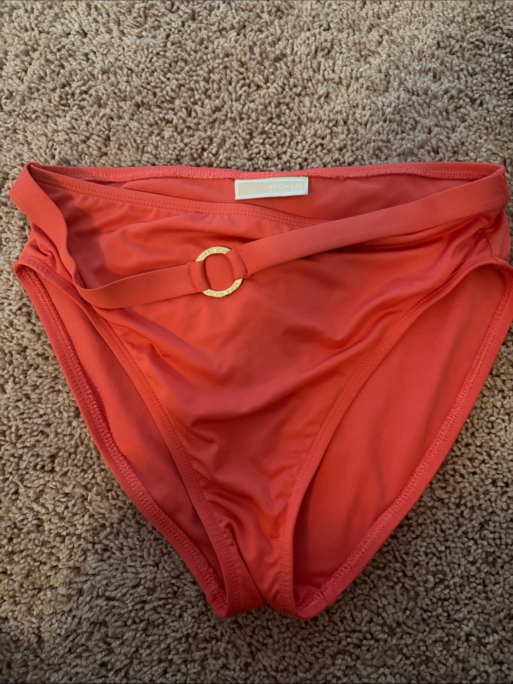 MICHAEL Michael Kors Coral-Orange Bikini Bottom with Gold Ring Detail